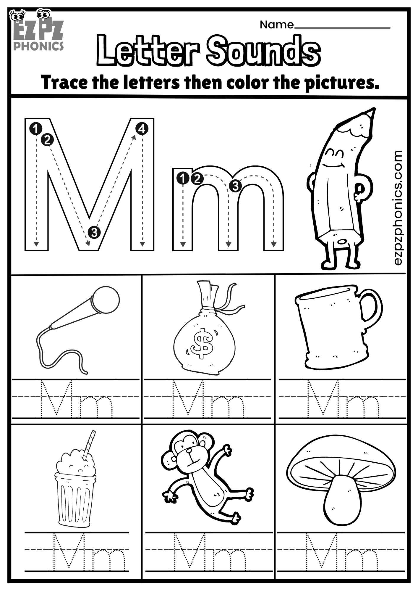 Letter mm trace and color the pictures free pdf download ezpzphonics